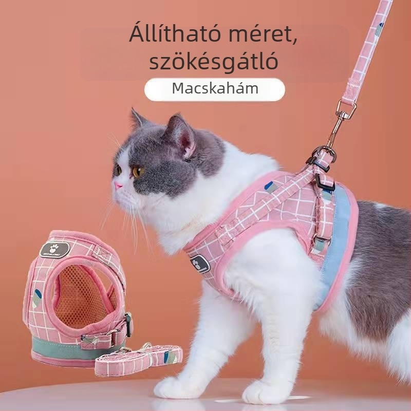Vest-stílusú fényvisszaverő hámkészlet kutyáknak és macskáknak, kockás mintázat, lélegző anyag, tartozék: póráz