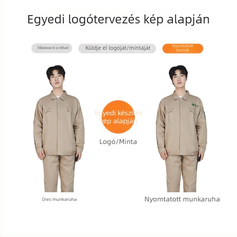 Khaki színű pamut munkaruha szett antistatikus, egész éves viseletre, nyomtatással