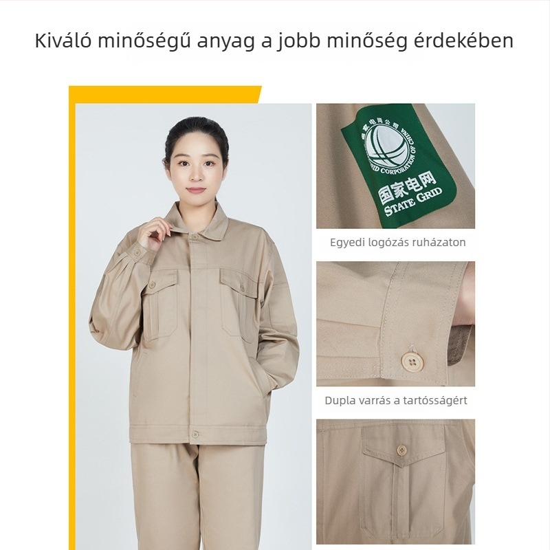 Khaki színű pamut munkaruha szett antistatikus, egész éves viseletre, nyomtatással