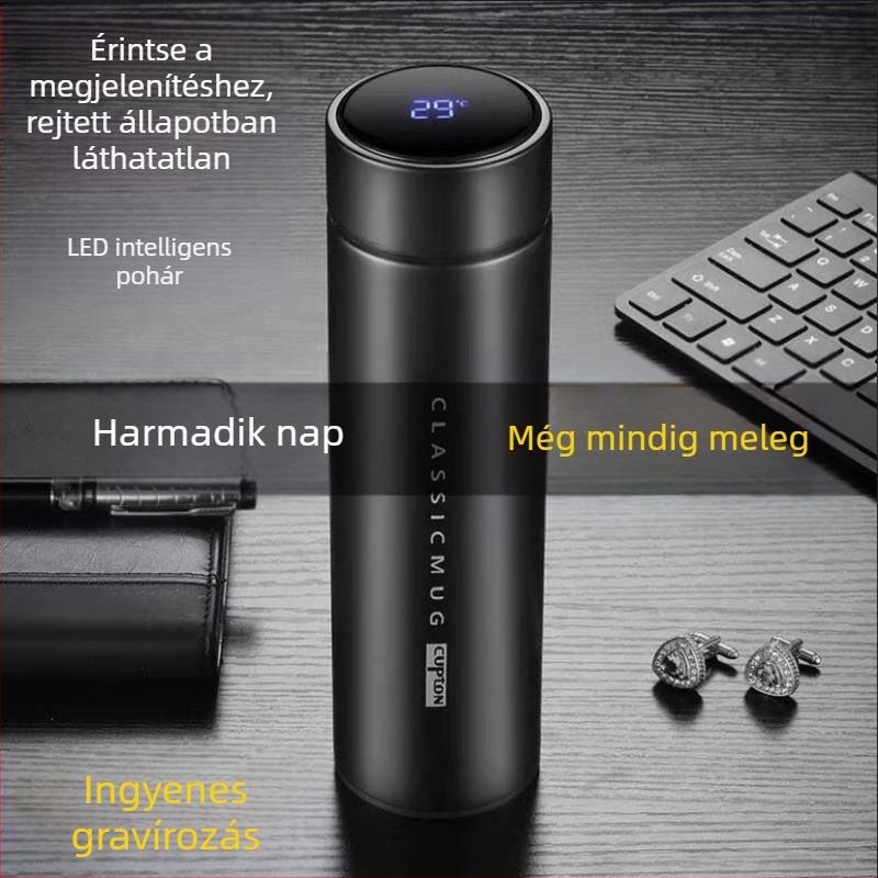 Okos termosz pohár egyetemistáknak, prémium kivitelezés, hőmérséklet-érzékelés, nagy kapacitás, 304 rozsdamentes acél, üzleti autóhoz
