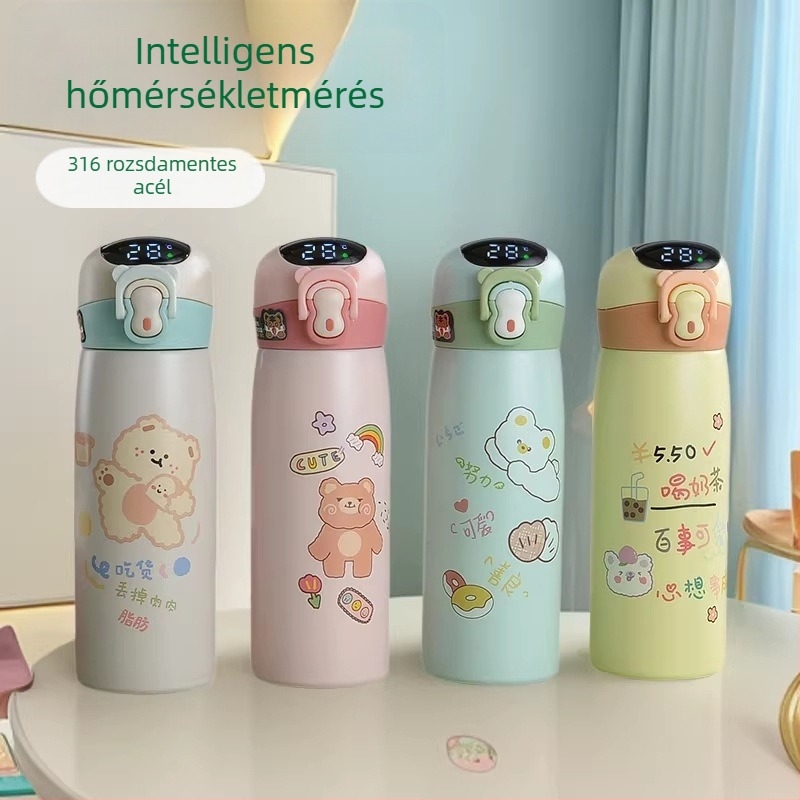 Intelligens hőmérséklet-érzékelős termosz 316-os rozsdamentes acélból, rajzfilm mintával, hordozható és aranyos diákoknak