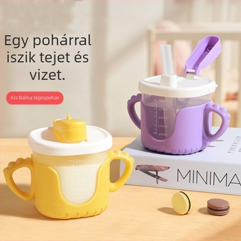 Gyerek tejivó pohár mérőskálával, tanuló pohár szívószállal és fogantyúval, csepegés- és leesésálló, égésvédett – Modell 06