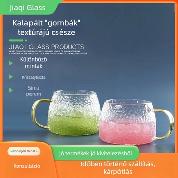 Kalapált gombás teáscsésze bambusz fedővel, üvegből készült teáscsésze fogantyúval, három darabos készlet, hőálló, kalapált textúra