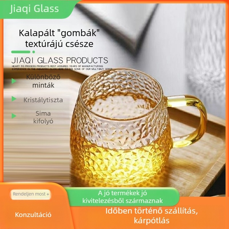 Kalapált gombás teáscsésze bambusz fedővel, üvegből készült teáscsésze fogantyúval, három darabos készlet, hőálló, kalapált textúra