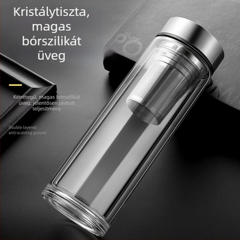Intelligens hőmérséklet-mérő dupla falú üvegpohár teához, teát és vizet elválasztó, boroszilikát üveg, hőmérséklet-kijelző, izoláció