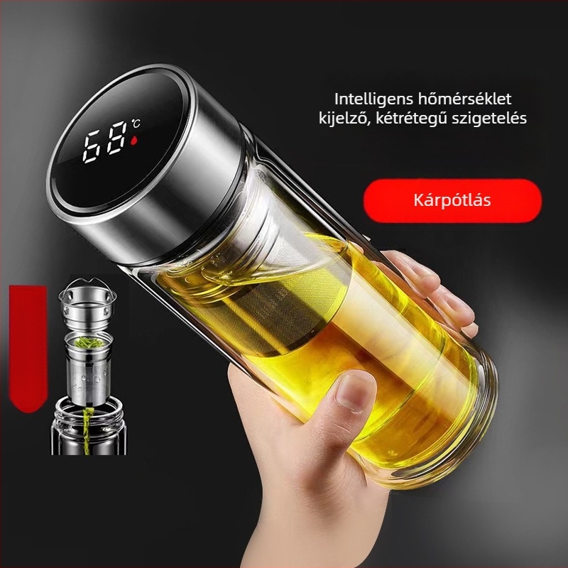 Intelligens hőmérséklet-mérő dupla falú üvegpohár teához, teát és vizet elválasztó, boroszilikát üveg, hőmérséklet-kijelző, izoláció