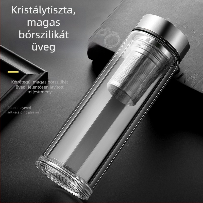 Intelligens hőmérséklet-mérő dupla falú üvegpohár teához, teát és vizet elválasztó, boroszilikát üveg, hőmérséklet-kijelző, izoláció