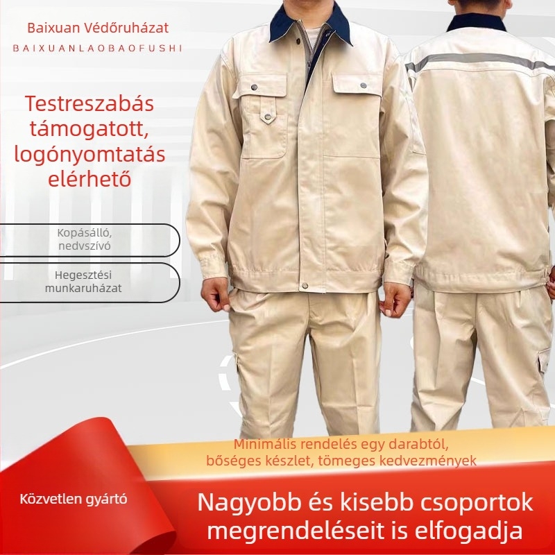 100% pamutból készült ivory színű uniszex munkaruha készlet, hosszú ujjú, hegesztéshez és csiszoláshoz, szikrávédelmi ruházat