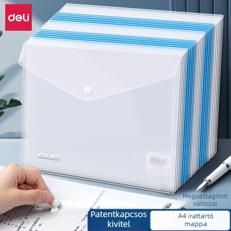 Deli 8308 A4 átlátszó fájl taska gombos zárással, vizsga- és dokumentumtárolásra, műanyag, nagy kapacitás.
