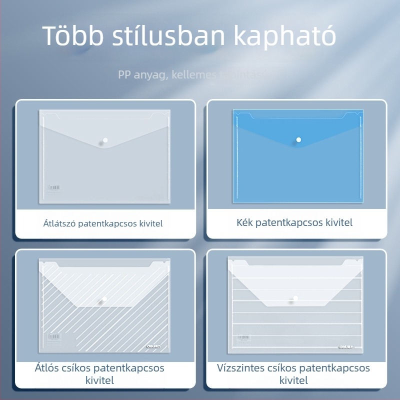 Deli 8308 A4 átlátszó fájl taska gombos zárással, vizsga- és dokumentumtárolásra, műanyag, nagy kapacitás.