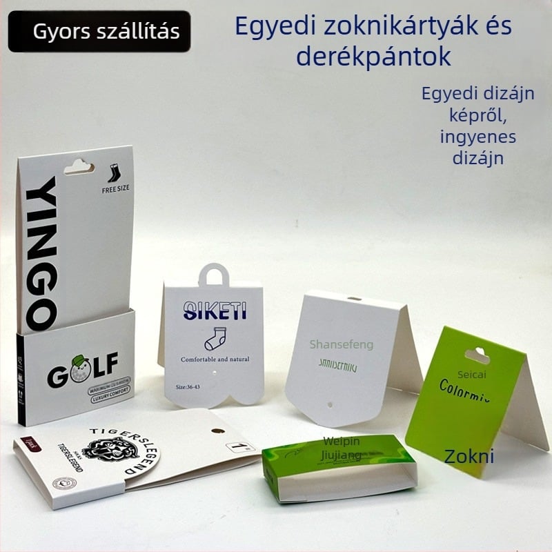 Színes kartonból készült címkekártya zoknikhoz és ruházathoz, árucímkével és hajtogatott hátoldallal csomagoláshoz