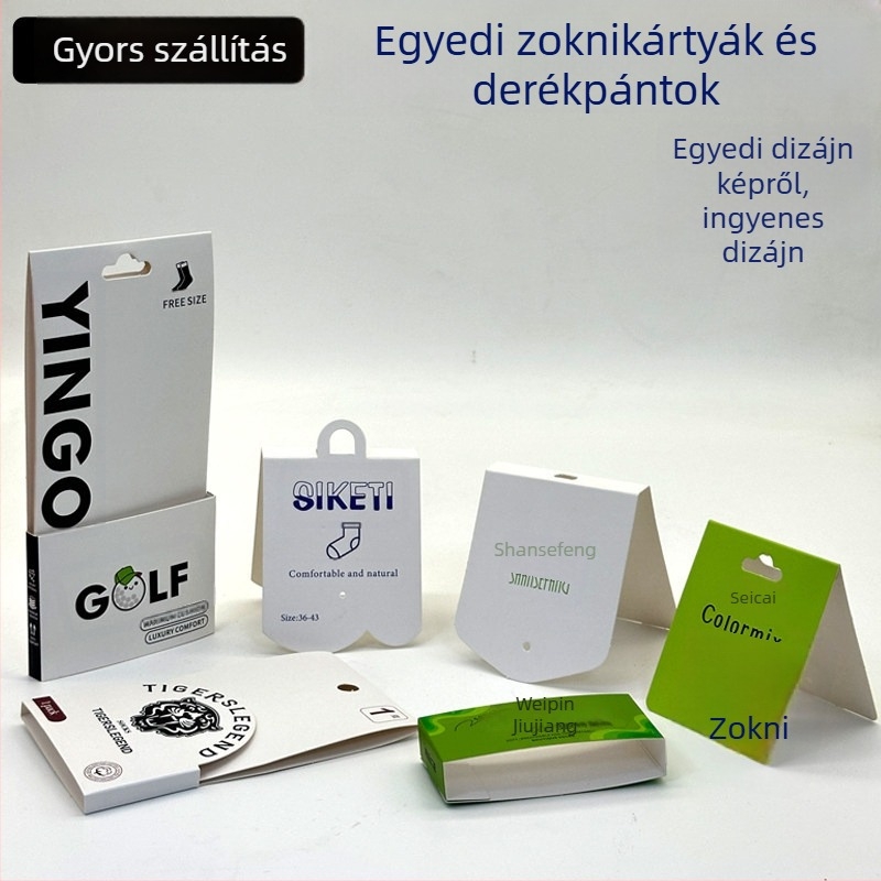 Színes kartonból készült címkekártya zoknikhoz és ruházathoz, árucímkével és hajtogatott hátoldallal csomagoláshoz