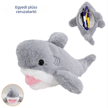 Nagy fehér cápa plüss tolltartó – rajzfilmszerű diák tolltartó, nagy kapacitás