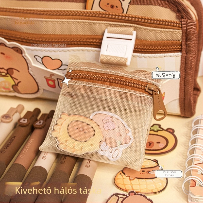 Capybara nagy kapacitású tolltartó vászonból, koreai stílusú minimalist design lányoknak, középiskolások számára