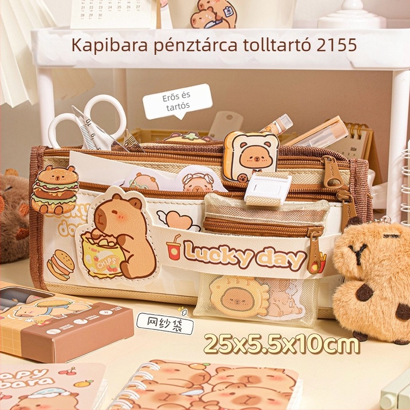 Capybara nagy kapacitású tolltartó vászonból, koreai stílusú minimalist design lányoknak, középiskolások számára