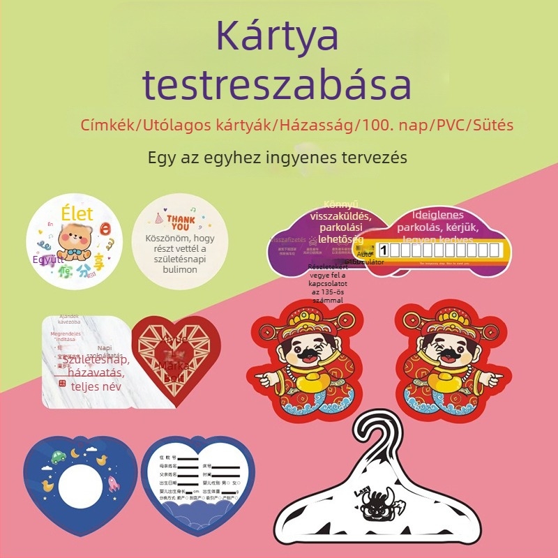 S alakú kártyák akasztó címkékkel, utóértékesítési és köszönő kártyák, nyomtatott hajtogatott kártyák, esküvői és születésnapi kártyák, kaparós kártyák és postai képeslapok.