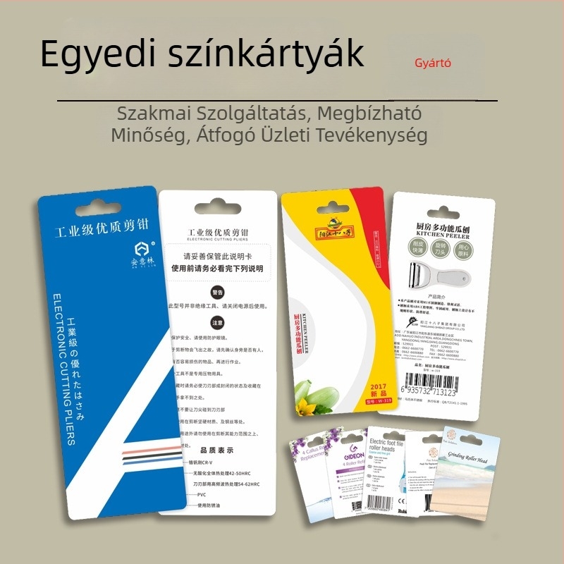 Színes kártyák, blisterkártyák, akasztó címkék, fehér bevont karton, zoknikártyák, kis sorozatok