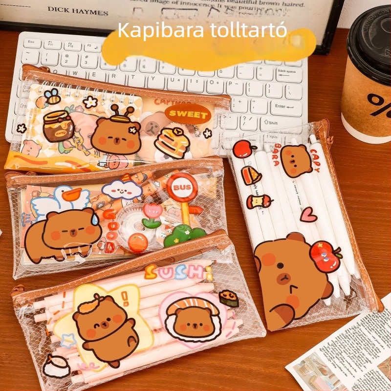 Capybara átlátszó hálós tolltartó, PVC iskolai szervező, nagy kapacitás