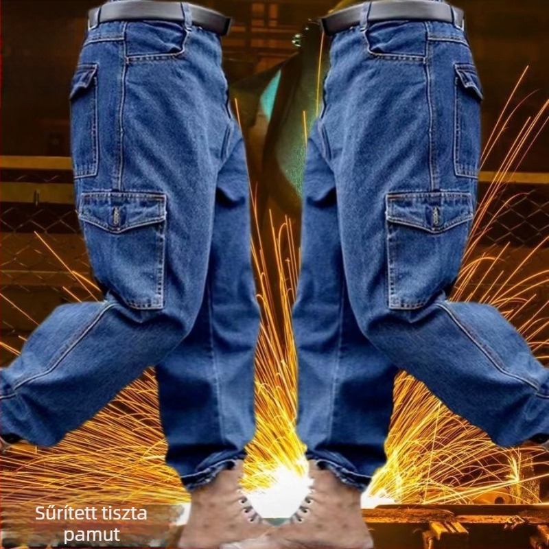 Férfi hegesztő denim munkanadrág, vastag, kopásálló, égésvédelmi, hegesztéshez és autójavításhoz, 100% pamut