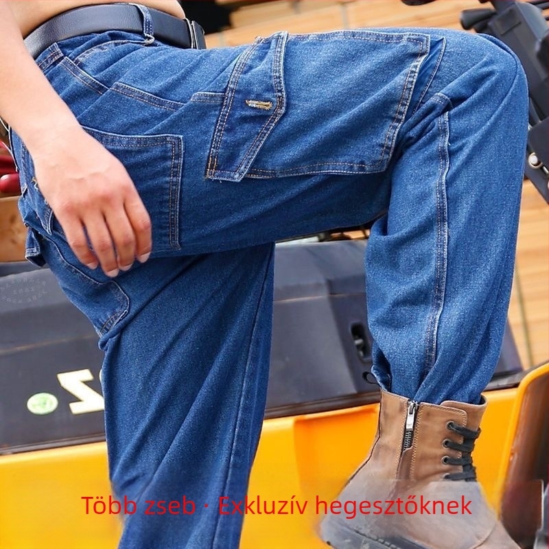 Férfi hegesztő denim munkanadrág, vastag, kopásálló, égésvédelmi, hegesztéshez és autójavításhoz, 100% pamut