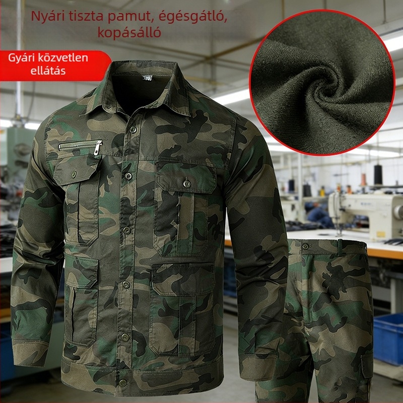 Férfiak számára könnyű terepmintás munkaruha készlet, gyár- és műhelyruha, 100% pamut, nedvességelvezető