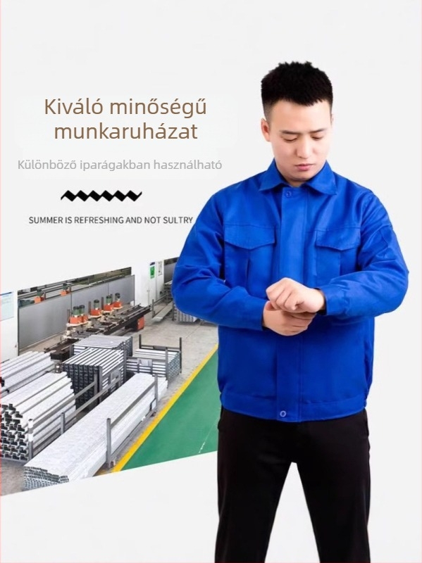 Férfi munkaruházat tavasszal–ősszel, kopásálló kabát mechanikai javításokhoz, gyár és műhely számára, hímzett logóval.