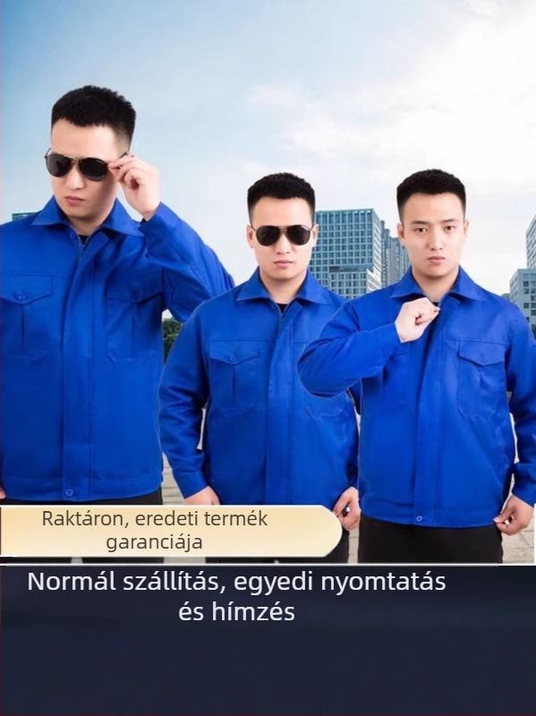 Férfi munkaruházat tavasszal–ősszel, kopásálló kabát mechanikai javításokhoz, gyár és műhely számára, hímzett logóval.
