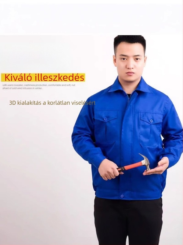 Férfi munkaruházat tavasszal–ősszel, kopásálló kabát mechanikai javításokhoz, gyár és műhely számára, hímzett logóval.