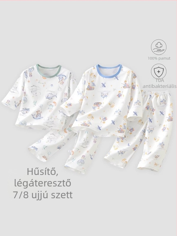 Gyerekeknek nyári 100% pamut pizsama készlet, 3/4 ujjú, uniszex, könnyű otthoni viselet