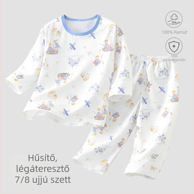 Gyerekeknek nyári 100% pamut pizsama készlet, 3/4 ujjú, uniszex, könnyű otthoni viselet