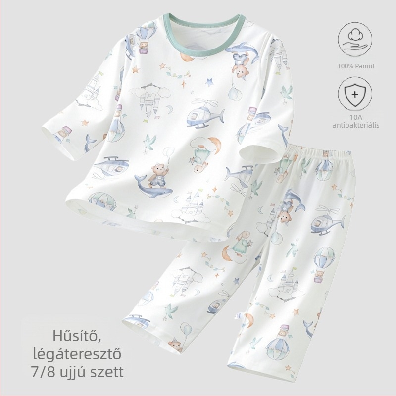 Gyerekeknek nyári 100% pamut pizsama készlet, 3/4 ujjú, uniszex, könnyű otthoni viselet