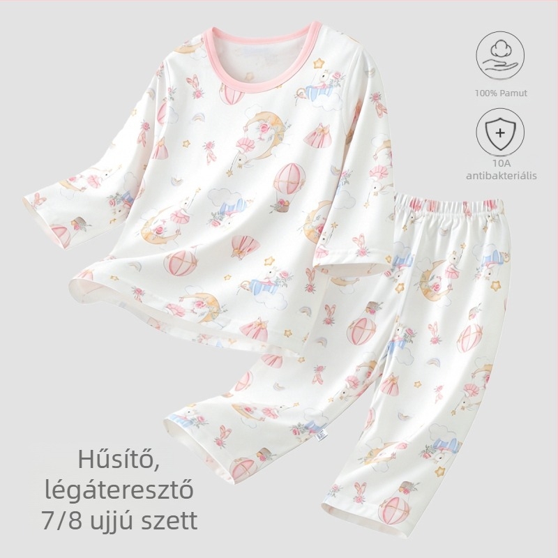 Gyerekeknek nyári 100% pamut pizsama készlet, 3/4 ujjú, uniszex, könnyű otthoni viselet