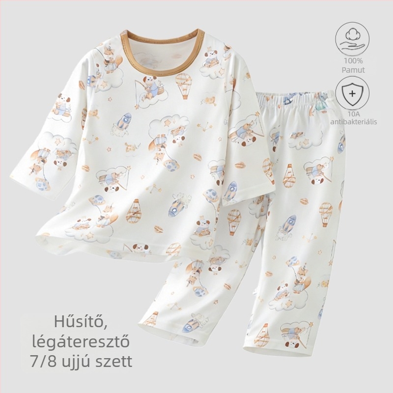 Gyerekeknek nyári 100% pamut pizsama készlet, 3/4 ujjú, uniszex, könnyű otthoni viselet