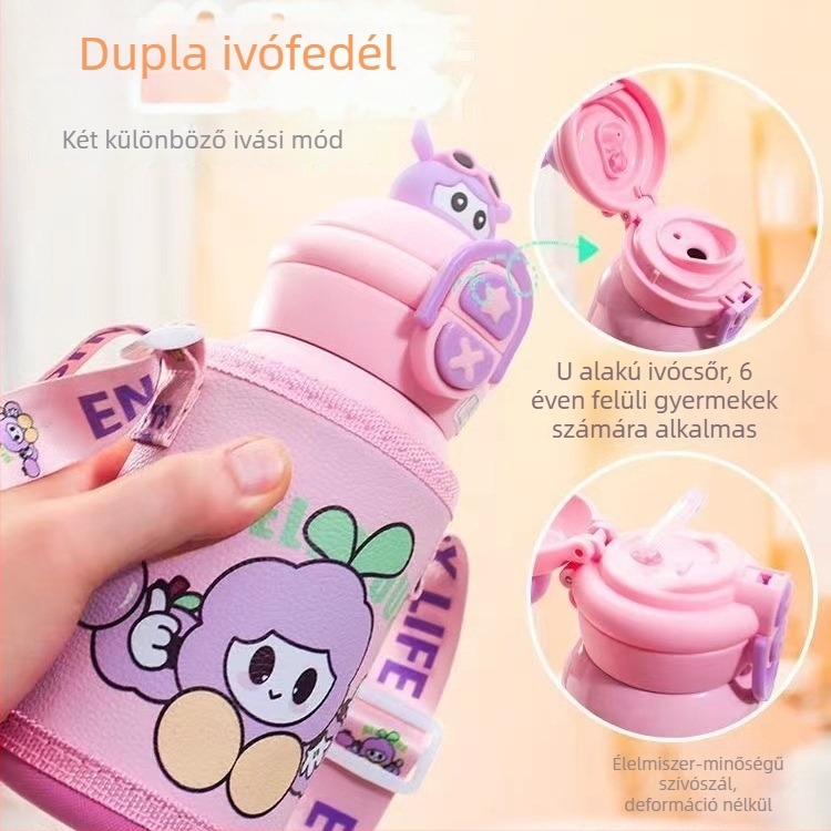 Gyerekeknek készült szigetelt pohár szívószallal, 316 rozsdamentes acélból, hordozható, karikatúra stílusú dizájn