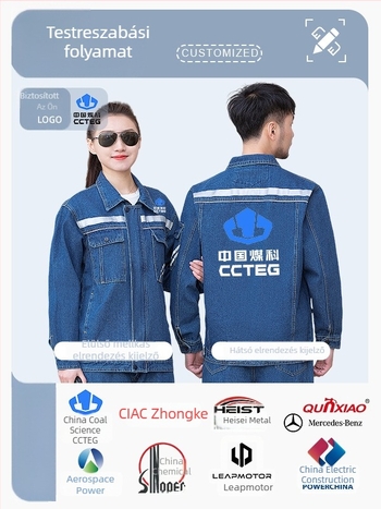 Férfi pamut munkaruha fényvisszaverő csíkokkal, kopás- és szennyeződésálló, hosszú ujjas denim védőruha készlet hegesztéshez