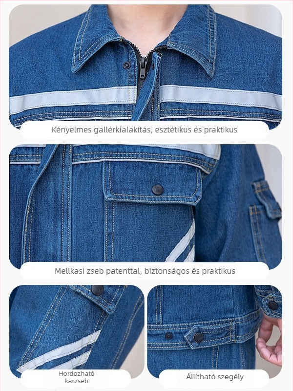 Férfi pamut munkaruha fényvisszaverő csíkokkal, kopás- és szennyeződésálló, hosszú ujjas denim védőruha készlet hegesztéshez