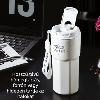 316 rozsdamentes acélból készült kávés pohár, belső varrat nélküli, vákuum-szigetelés, hordozózsinórral, szívószállal, 500 ml, egyedi logó