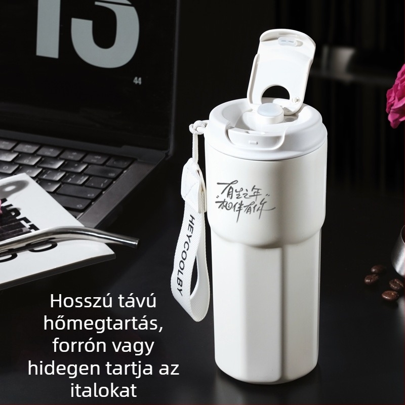316 rozsdamentes acélból készült kávés pohár, belső varrat nélküli, vákuum-szigetelés, hordozózsinórral, szívószállal, 500 ml, egyedi logó