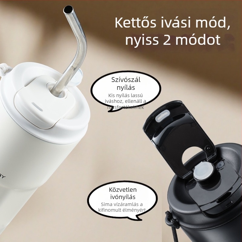 316 rozsdamentes acélból készült kávés pohár, belső varrat nélküli, vákuum-szigetelés, hordozózsinórral, szívószállal, 500 ml, egyedi logó