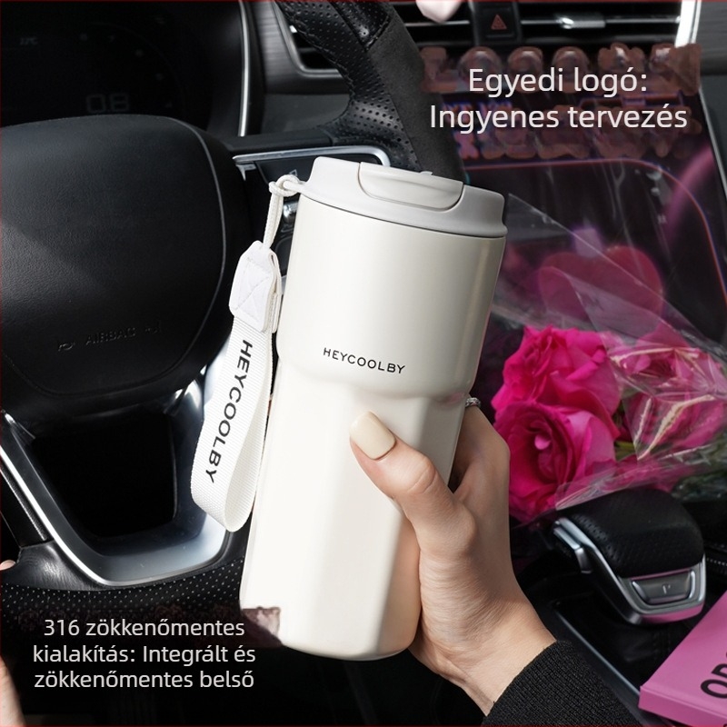 316 rozsdamentes acélból készült kávés pohár, belső varrat nélküli, vákuum-szigetelés, hordozózsinórral, szívószállal, 500 ml, egyedi logó