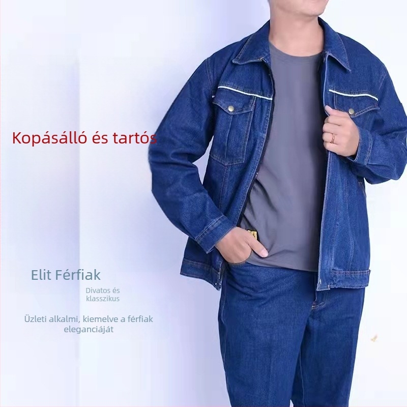 Tavasz–ősz denim munkaruha védőfunkcióval, gyári műhelyhez
