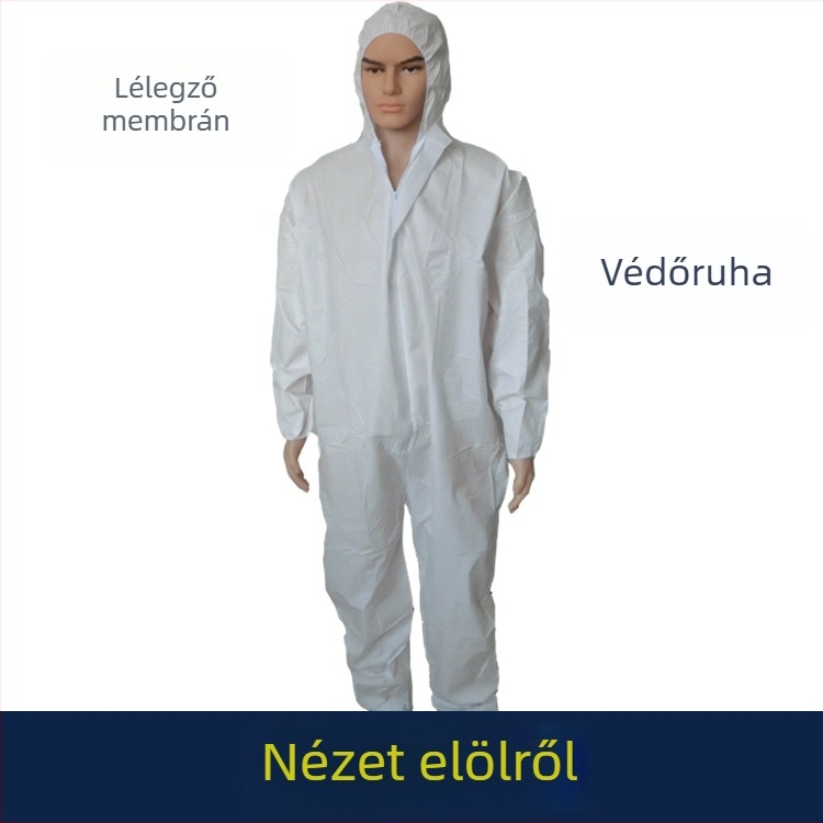 Egyszer használatos, légáteresztő membrános védőruha, fehér, kapucnival, egyben, vízálló és olajálló, sertéstenyésztéshez.