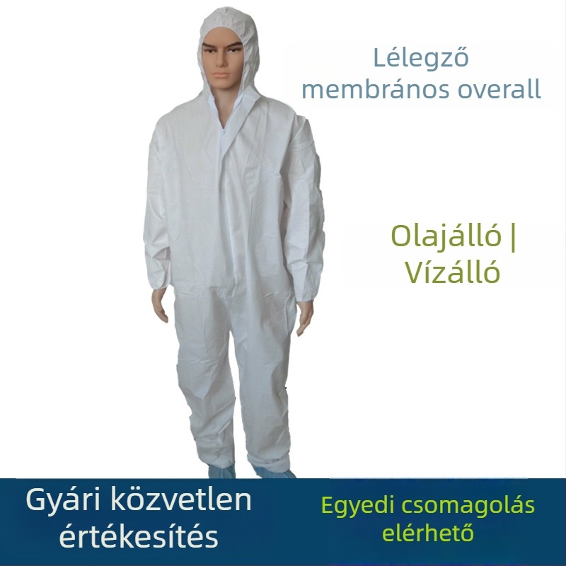 Egyszer használatos, légáteresztő membrános védőruha, fehér, kapucnival, egyben, vízálló és olajálló, sertéstenyésztéshez.