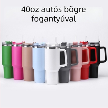 Rozsdamentes acélból készűlt 40 oz-os autós pohár fogantyúval, nagy kapacitású vákuum-szigetelésű pohár szívószállal