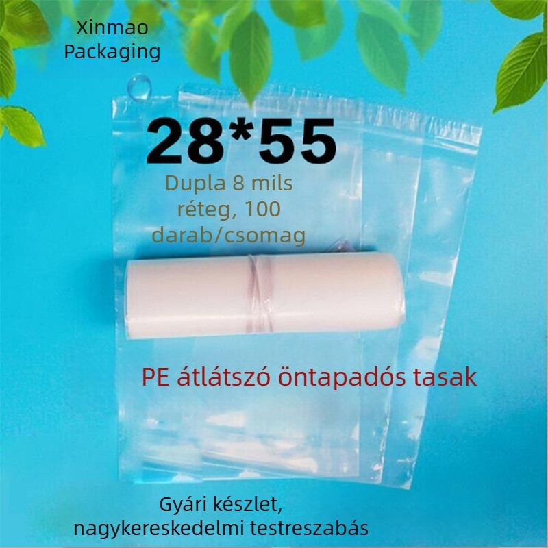 PE önadhatós ruhacsomagoló tasakok, 28×55 cm, 0,08 mm vastagság, 100 db, átlátszó