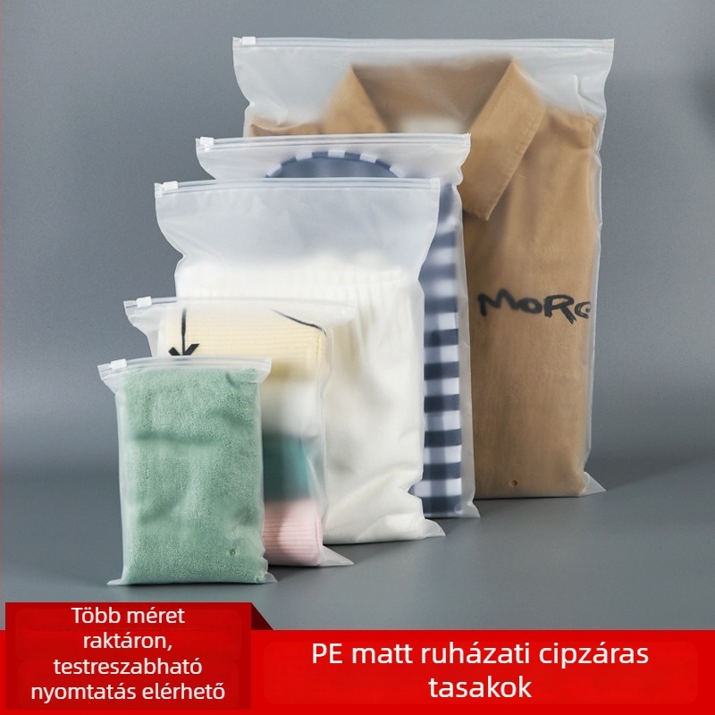 Matt felületű zipzáros zacskó, PE műanyag zacskó ruházat és fehérnemű csomagolásához, nyomtatás a megrendelés szerint.