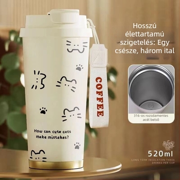 Macska vonalas termosz pohár, nagy kapacitású, szívószállal, hordozható otthonra, iskolába és az autóba