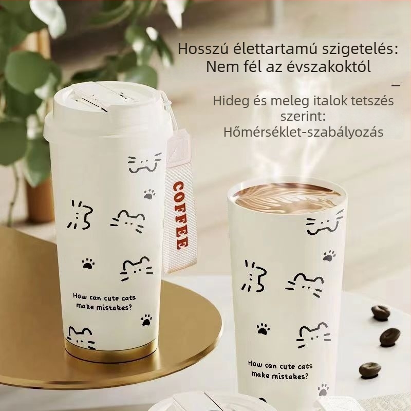 Macska vonalas termosz pohár, nagy kapacitású, szívószállal, hordozható otthonra, iskolába és az autóba