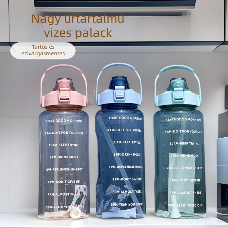 2000 ml-es sportos víz-üveg mérőskálával és szívószállal, műanyag, hőálló férfiak és nők számára