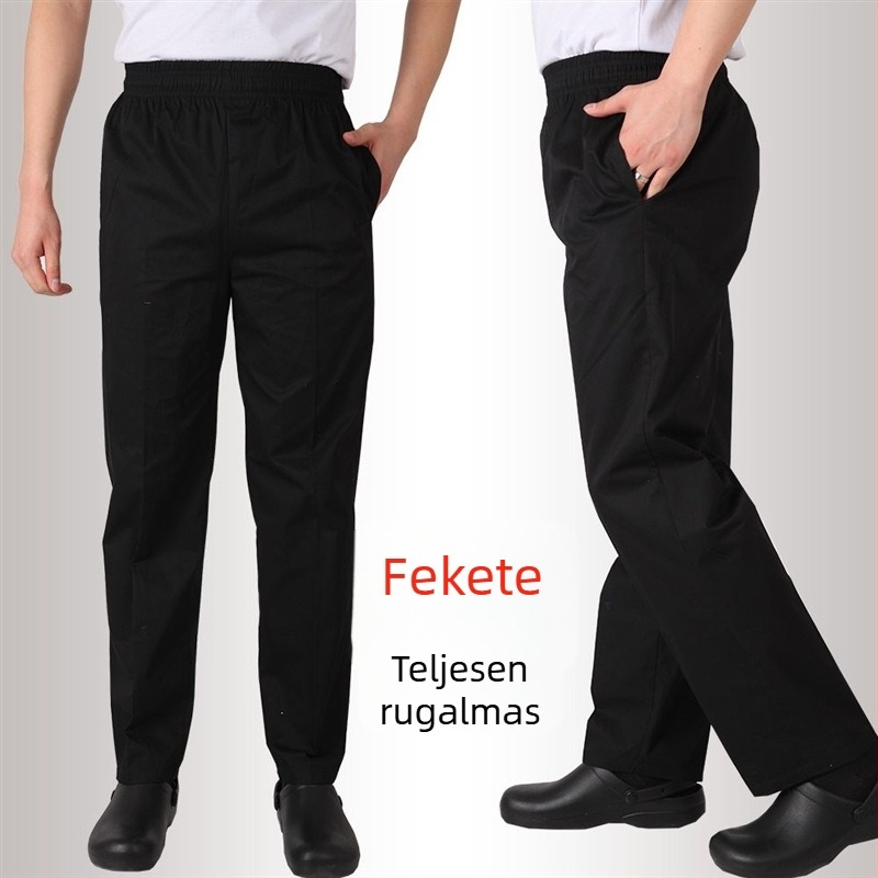 Fekete szakácsnadrágok férfiaknak, konyhához és étteremhez, elasztikus derékrész, poliészter-pamut twill